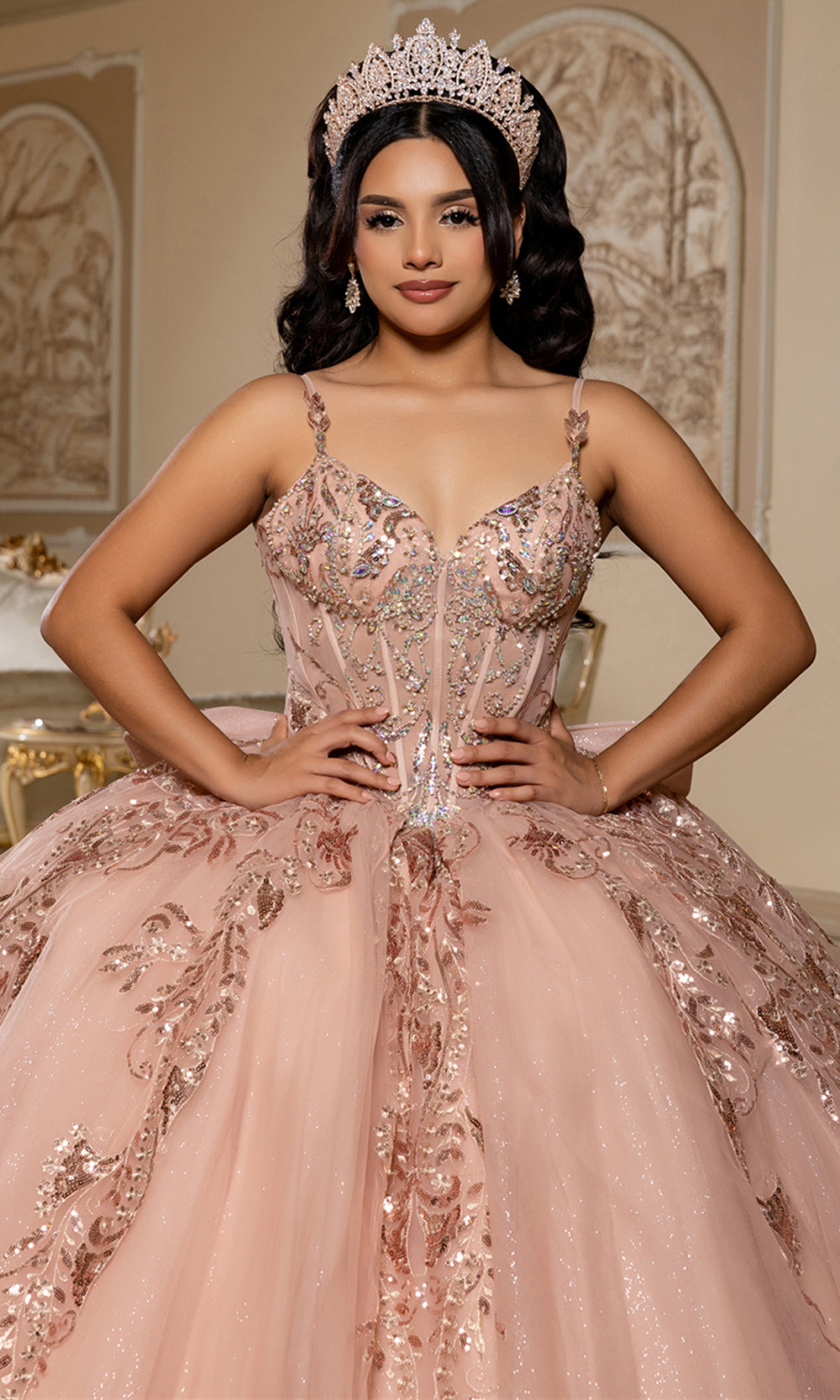 May Queen LK294 - Beaded Applique V-Neck Quince Gown