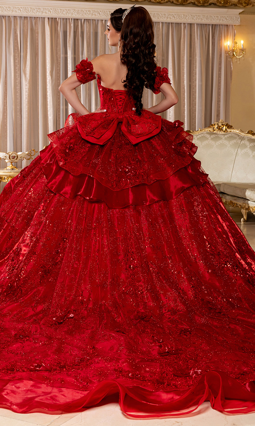 May Queen LK295 - Floral Applique Off Shoulder Sleeve Ballgown
