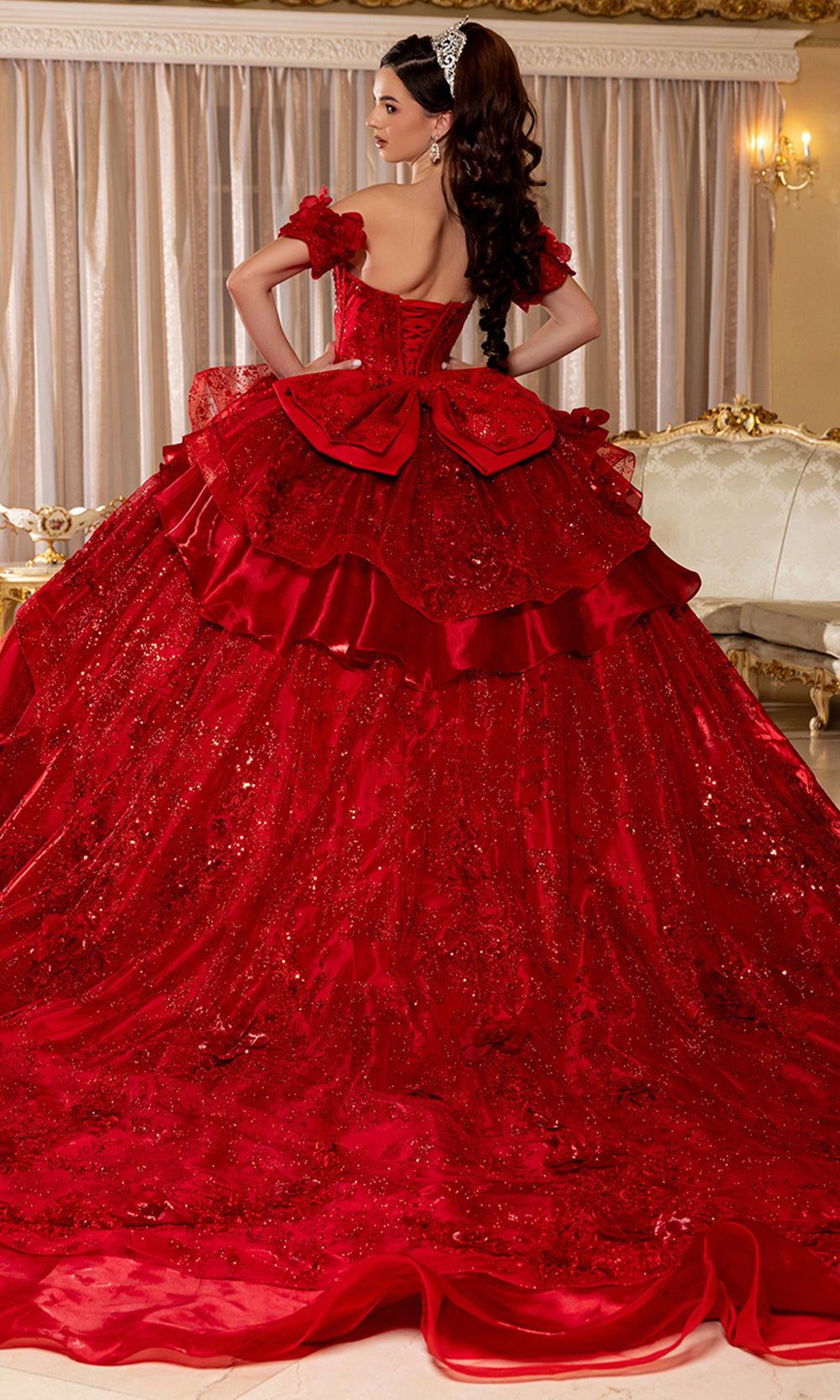 May Queen LK295 - Floral Applique Off Shoulder Sleeve Ballgown