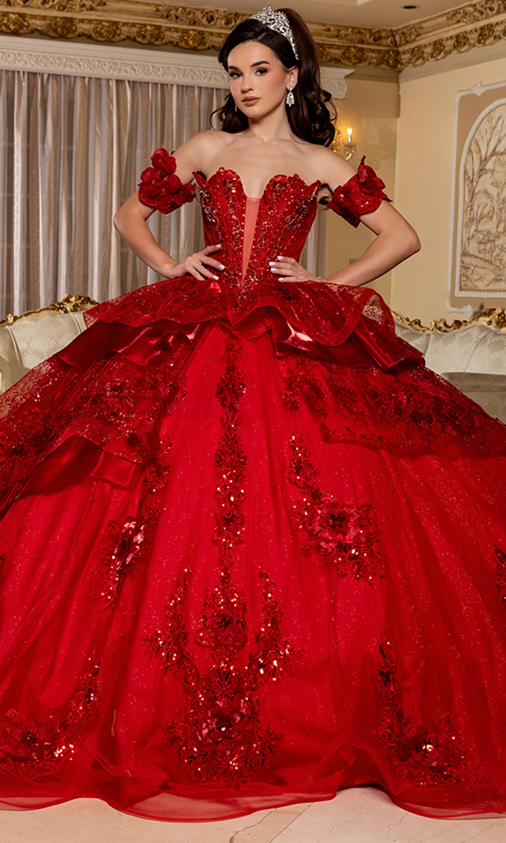 May Queen LK295 - Floral Applique Off Shoulder Sleeve Ballgown