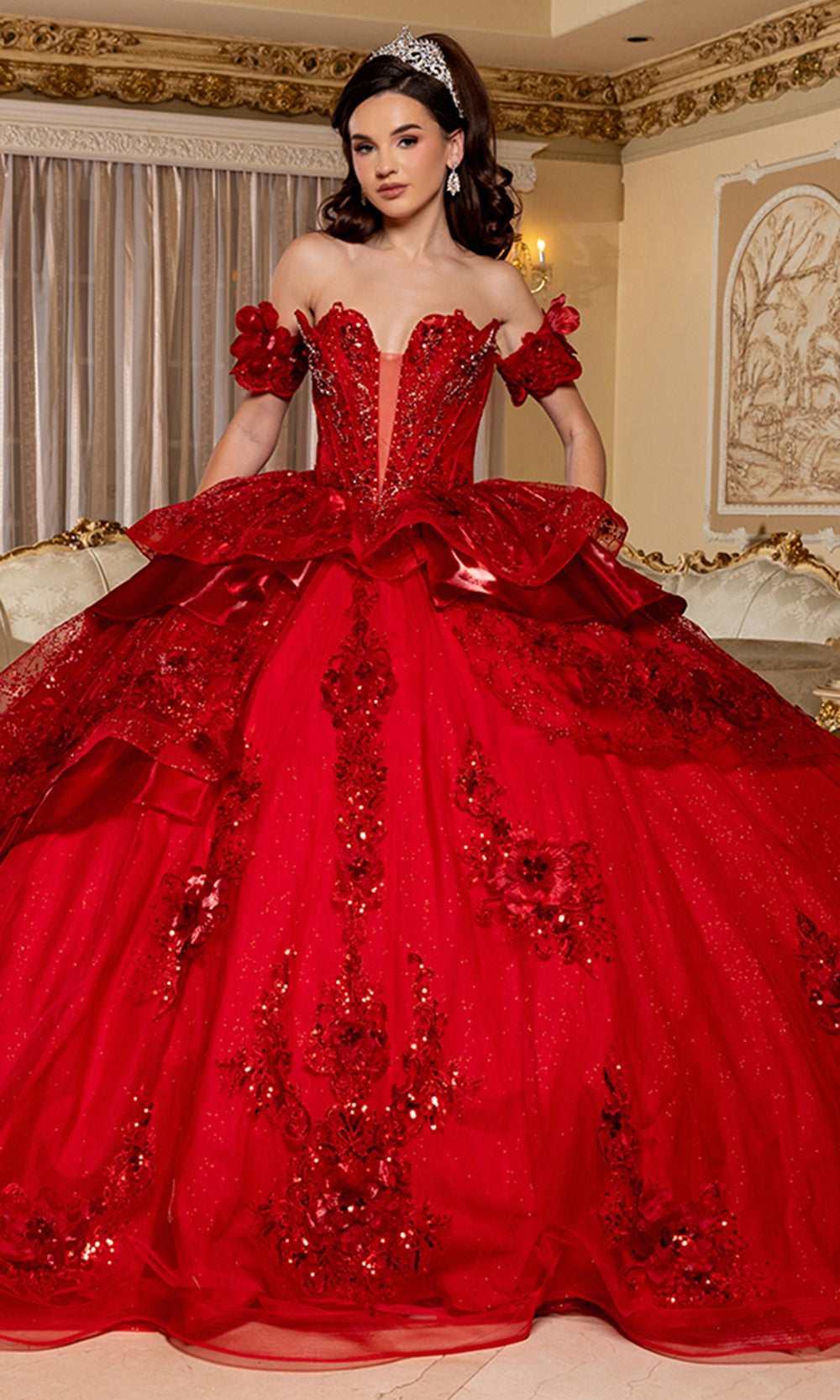 May Queen LK295 - Floral Applique Off Shoulder Sleeve Ballgown