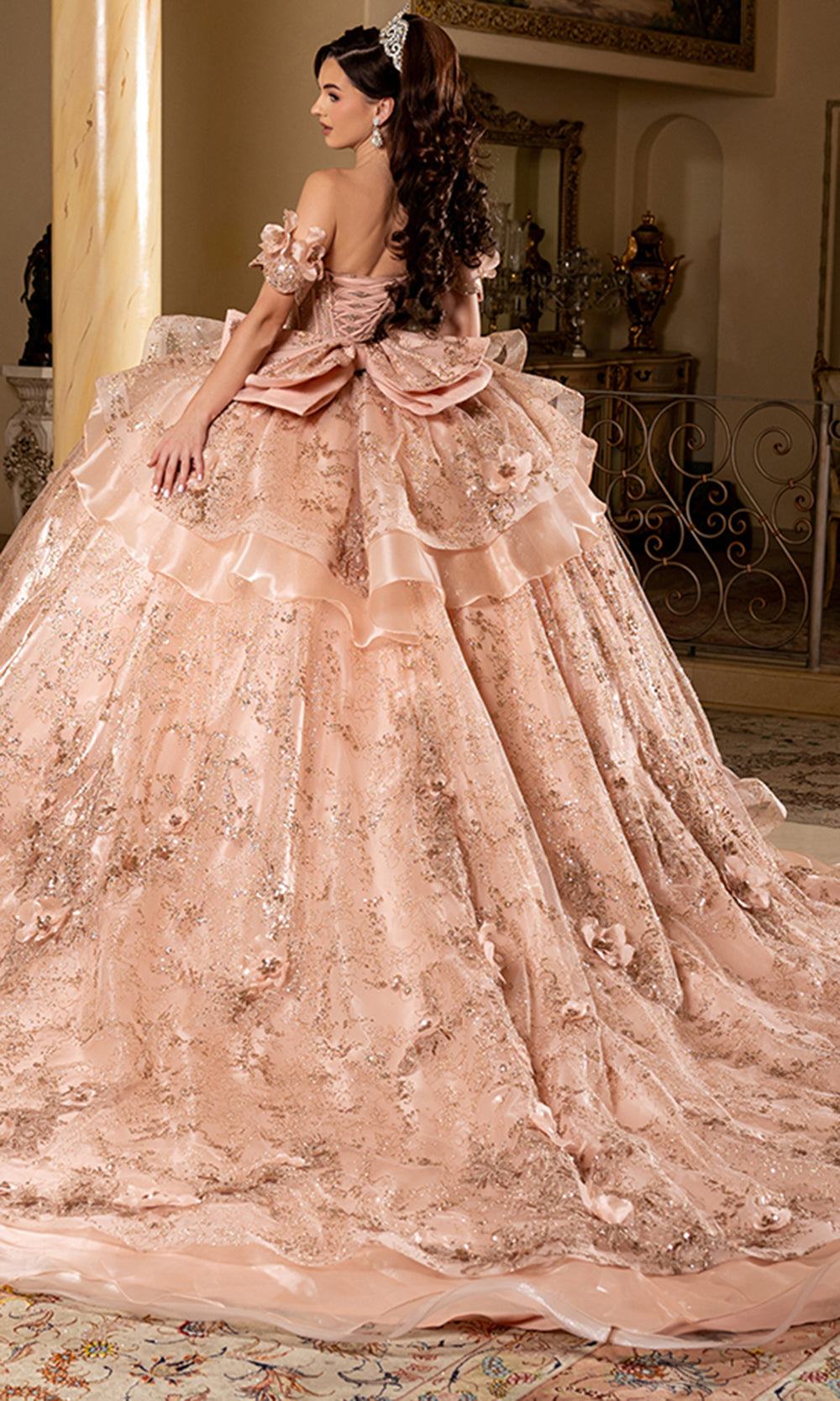May Queen LK295 - Floral Applique Off Shoulder Sleeve Ballgown