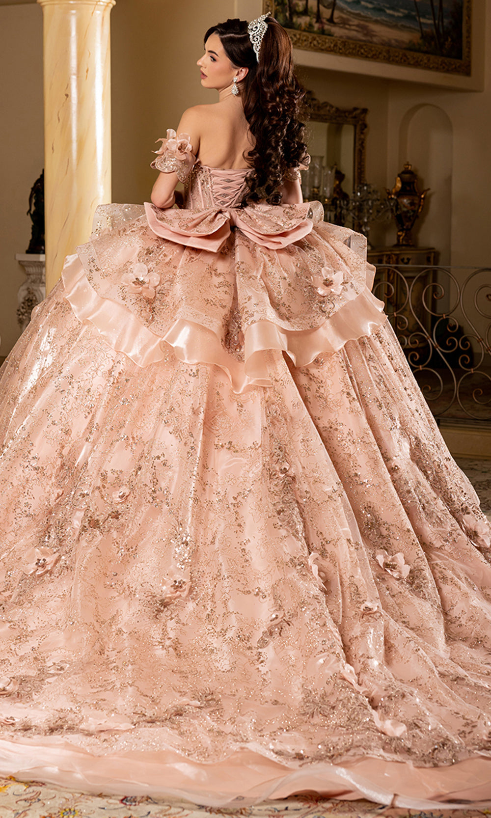 May Queen LK295 - Floral Applique Off Shoulder Sleeve Ballgown