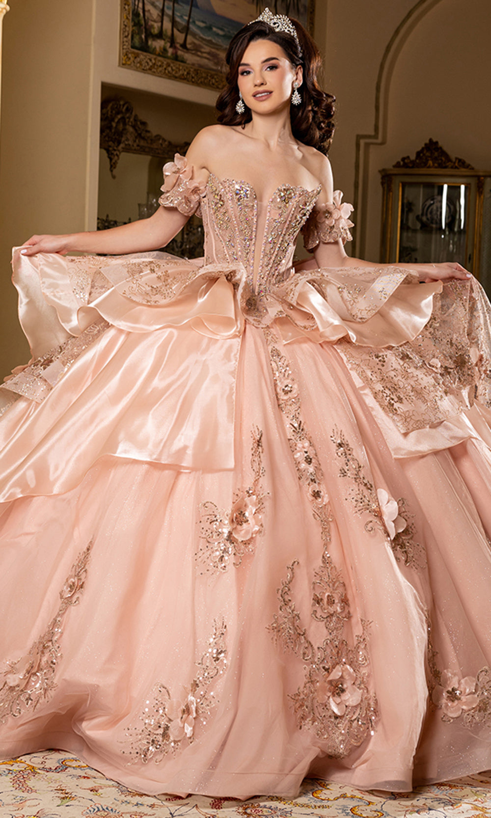 May Queen LK295 - Floral Applique Off Shoulder Sleeve Ballgown
