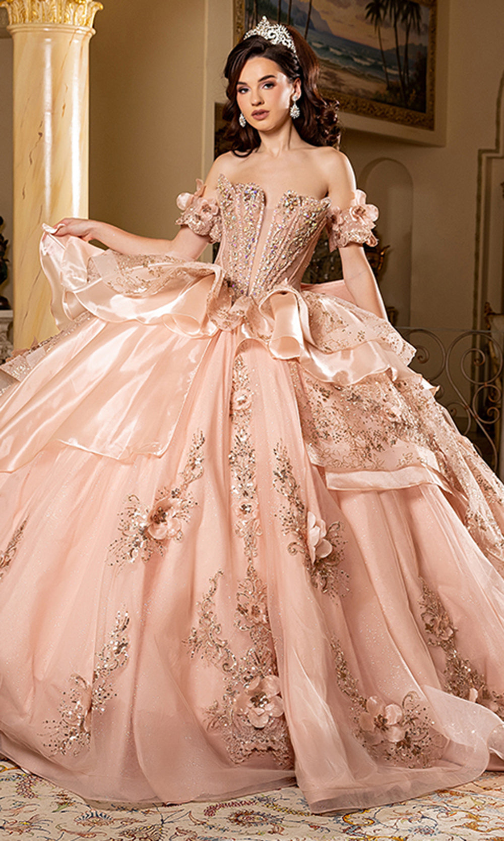 May Queen LK295 - Floral Applique Off Shoulder Sleeve Ballgown