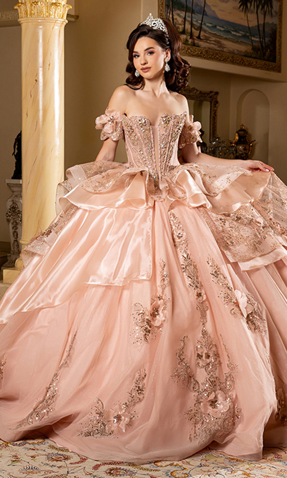 May Queen LK295 - Floral Applique Off Shoulder Sleeve Ballgown