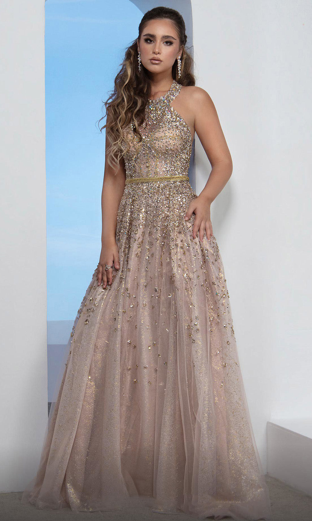 MNM COUTURE M0086 - Beaded Open Back Long Dress with Belt Prom Dresses in Gold 