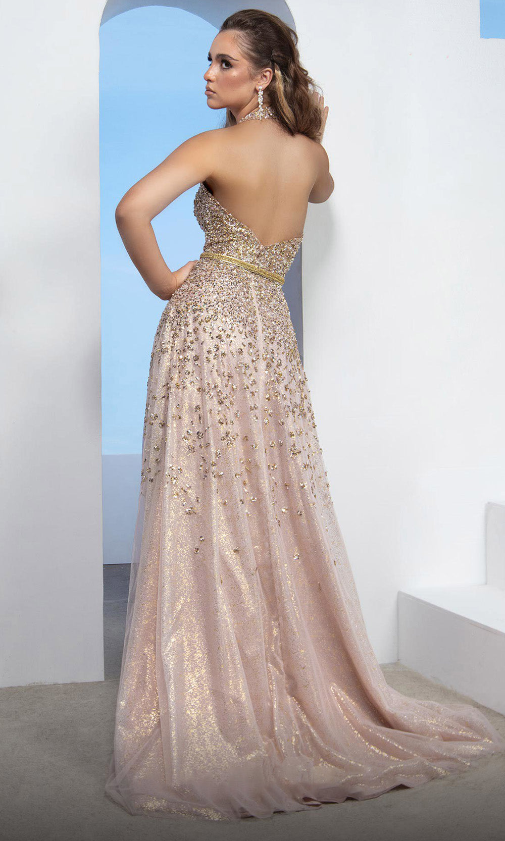 MNM COUTURE M0086 - Beaded Open Back Long Dress with Belt Prom Dresses in Gold 