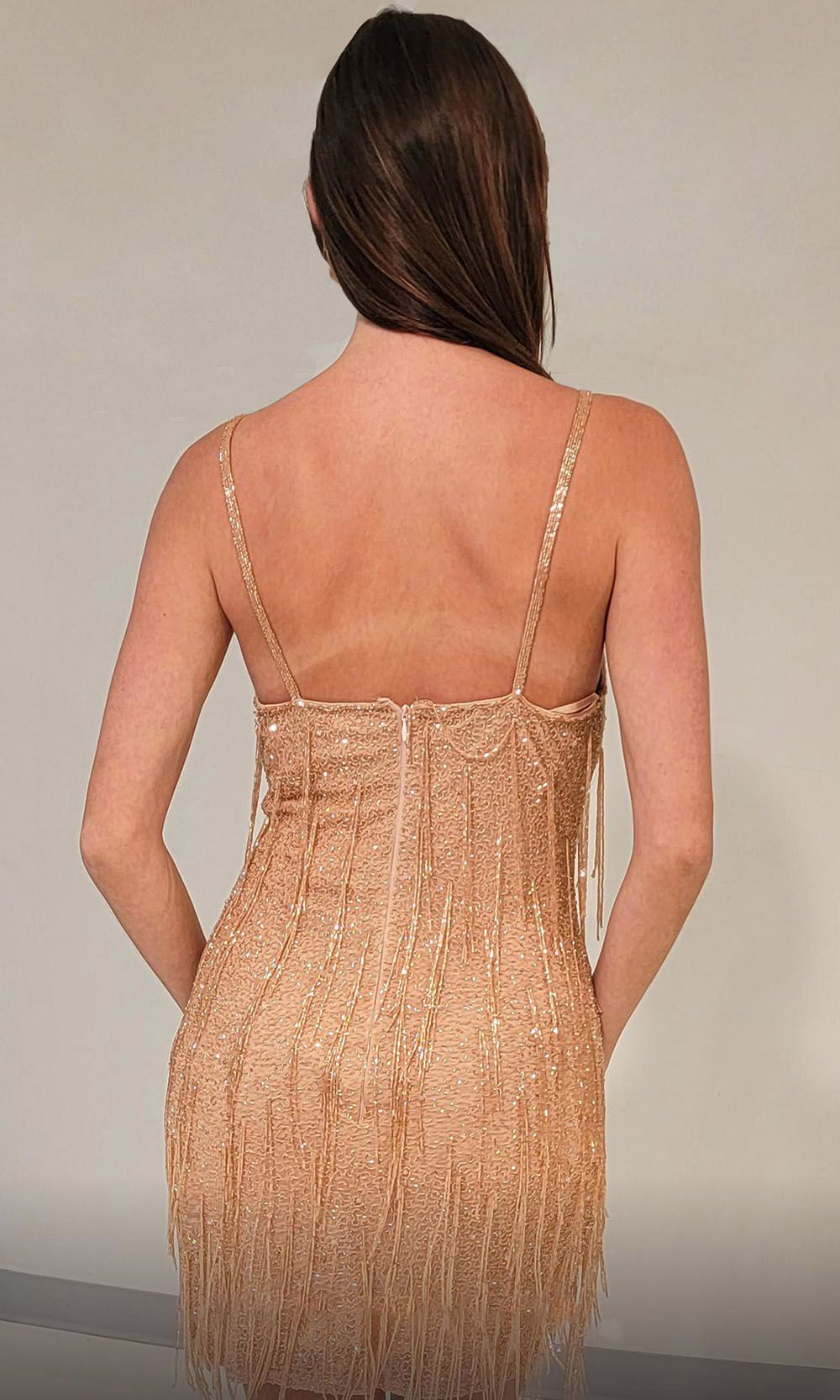 MNM COUTURE M1035 - Spaghetti Strap Fringe Cocktail Dress Party Dresses In Beige