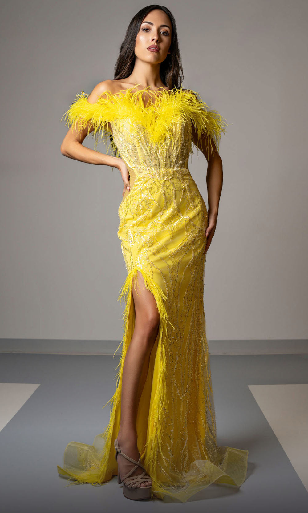 MNM COUTURE M1048 - Embellished Slit Sheath Gown Mother of the Bride Dresses Yellow