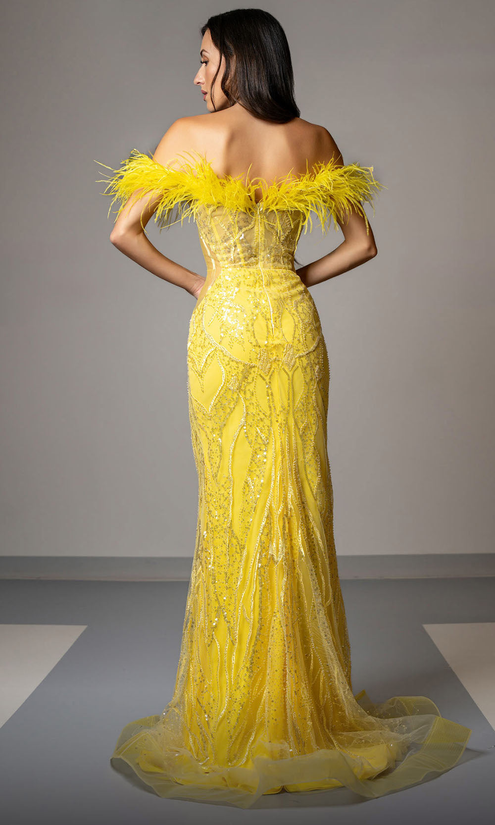 MNM COUTURE M1048 - Embellished Slit Sheath Gown Mother of the Bride Dresses Yellow