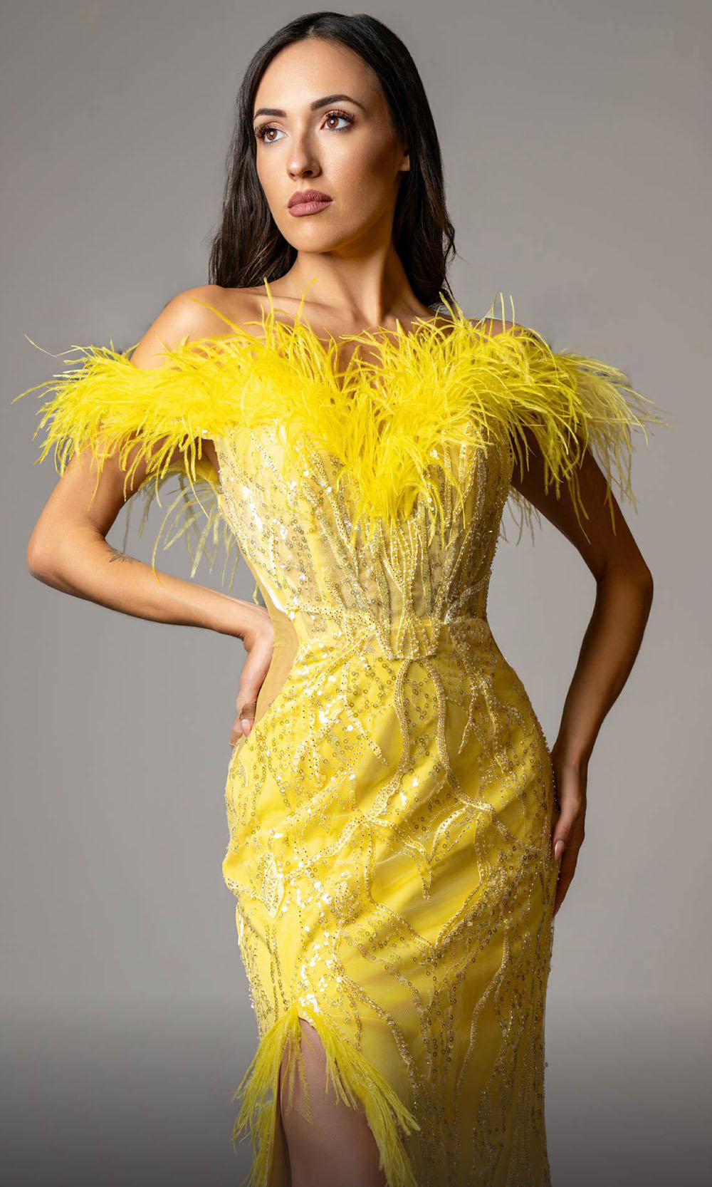 MNM COUTURE M1048 - Embellished Slit Sheath Gown Mother of the Bride Dresses Yellow