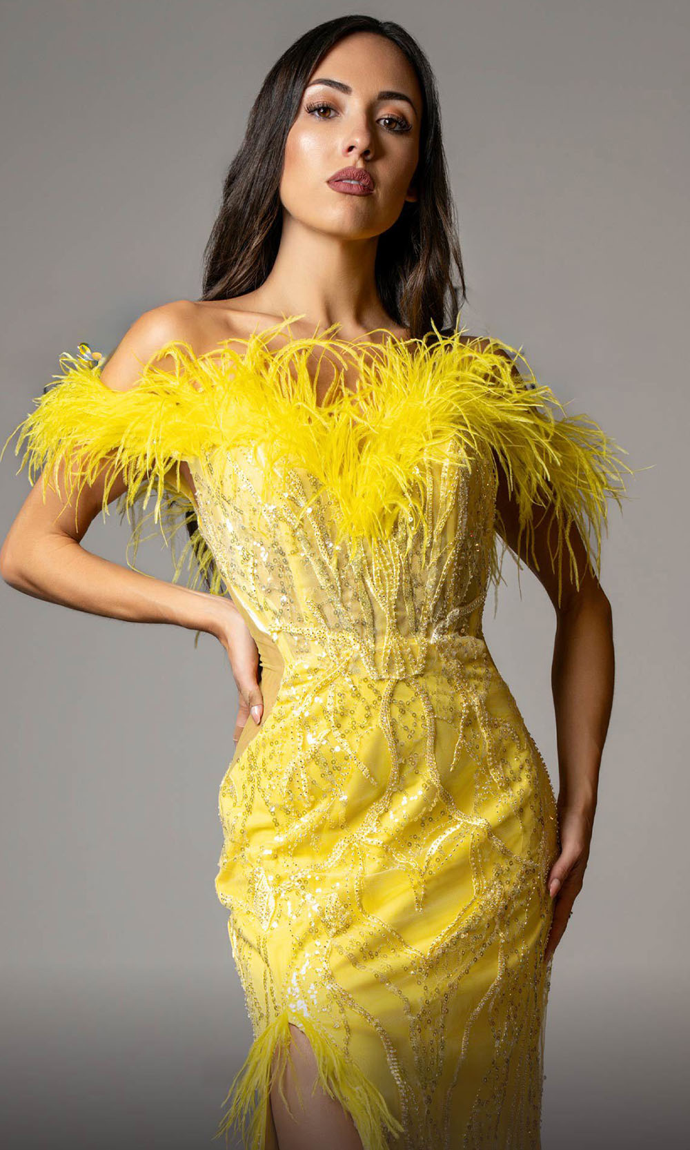 MNM COUTURE M1048 - Embellished Slit Sheath Gown Mother of the Bride Dresses Yellow