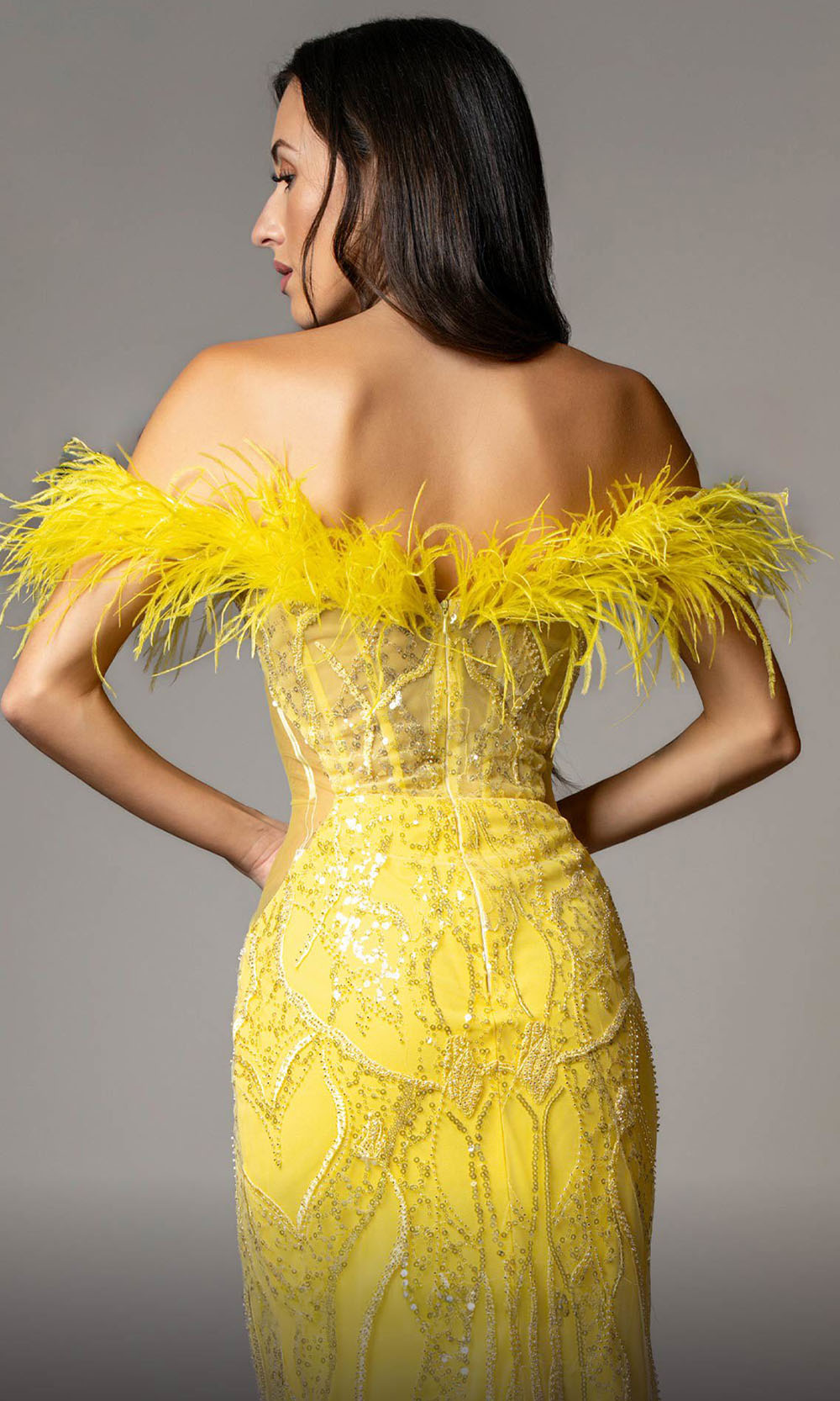 MNM COUTURE M1048 - Embellished Slit Sheath Gown Mother of the Bride Dresses Yellow