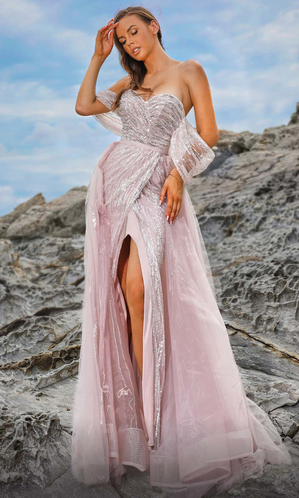 MNM COUTURE M1058 - Sweetheart Neck Embroidered Slit Gown Formal Dresses Pink