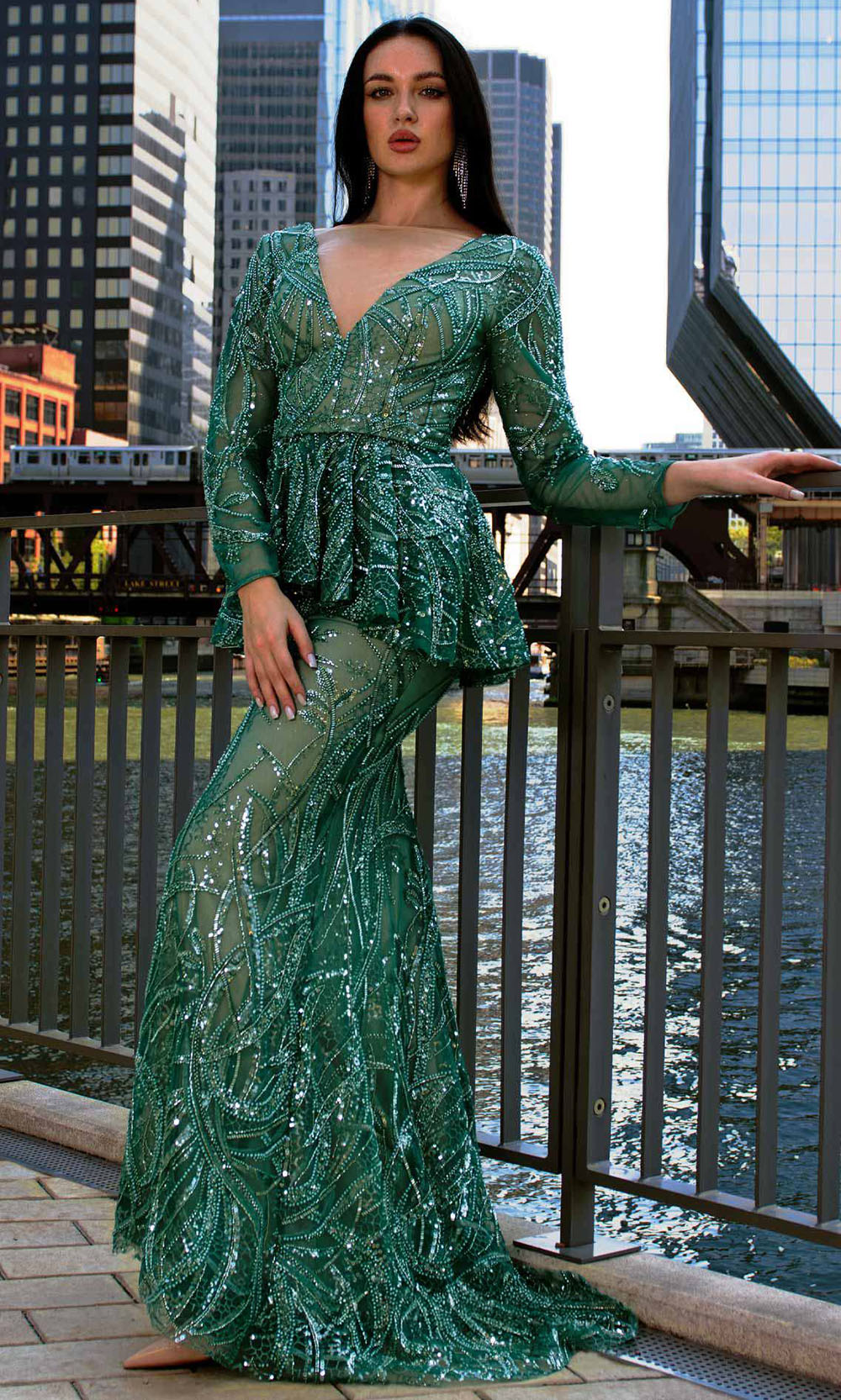 MNM COUTURE M1140 - Embellished Peplum Mermaid Gown Mother of the Bride Dresses Green