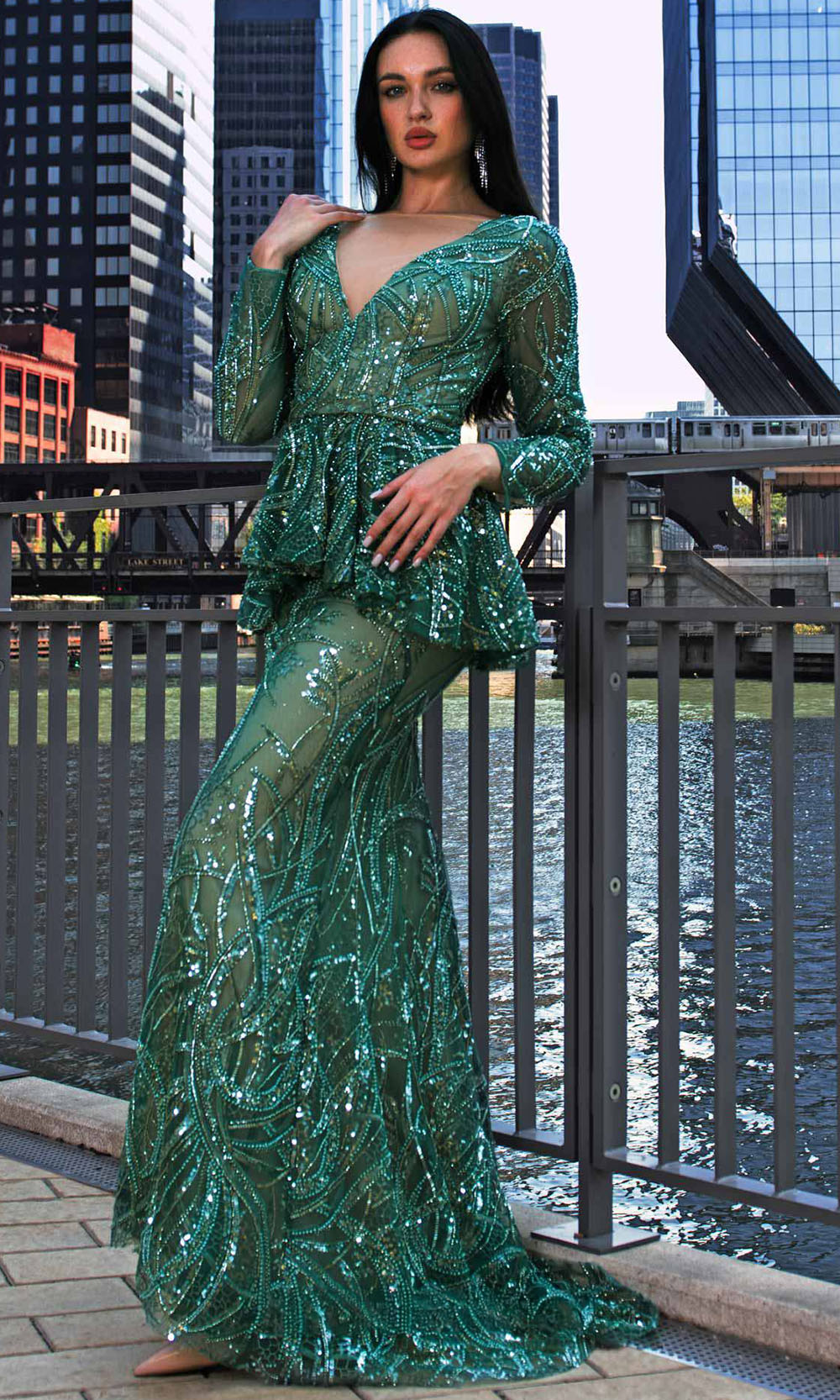 MNM COUTURE M1140 - Embellished Peplum Mermaid Gown Mother of the Bride Dresses Green