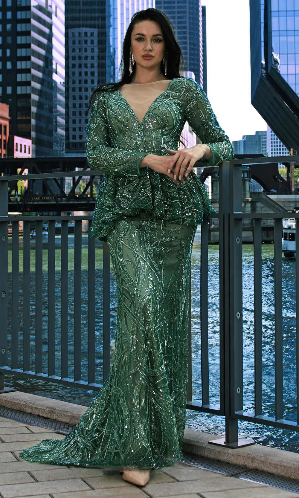 MNM COUTURE M1140 - Embellished Peplum Mermaid Gown Mother of the Bride Dresses Green