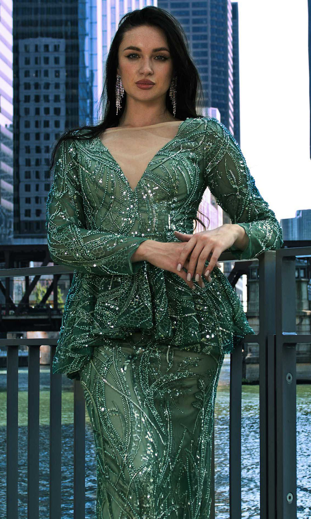 MNM COUTURE M1140 - Embellished Peplum Mermaid Gown Mother of the Bride Dresses Green
