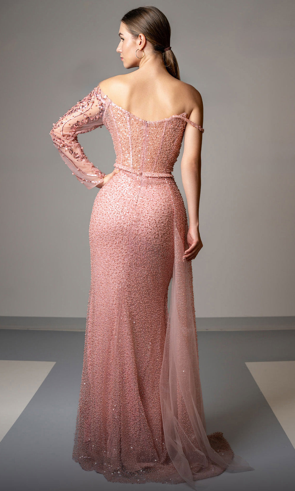 MNM COUTURE M1165 - Sheath Embellished Long Sleeve Gown Mother of the Bride Dresses in Pink
