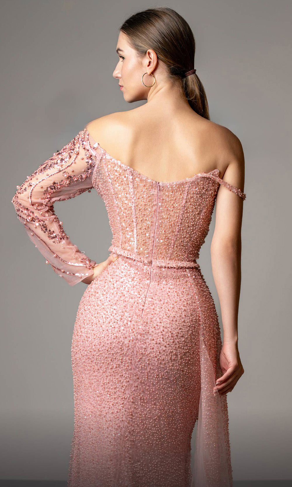 MNM COUTURE M1165 - Sheath Embellished Long Sleeve Gown Mother of the Bride Dresses in Pink