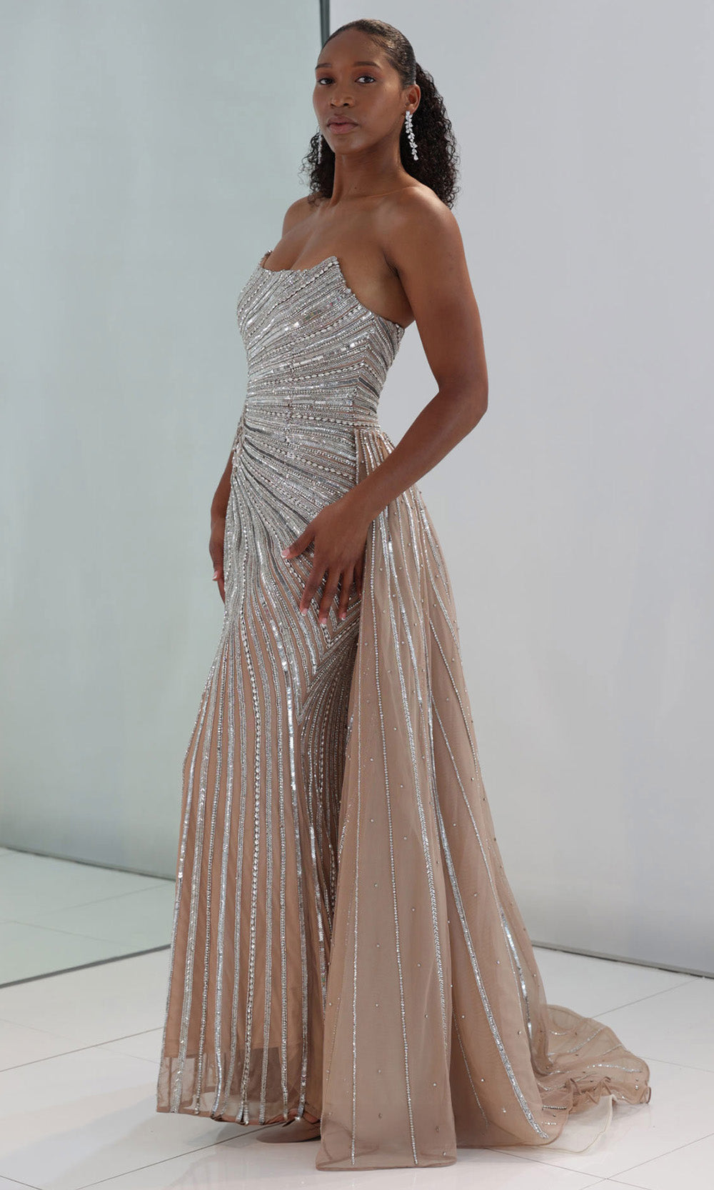 MNM COUTURE M1189 - Scoop Neck Detachable Overskirt Gown Pageant Dresses In Silver