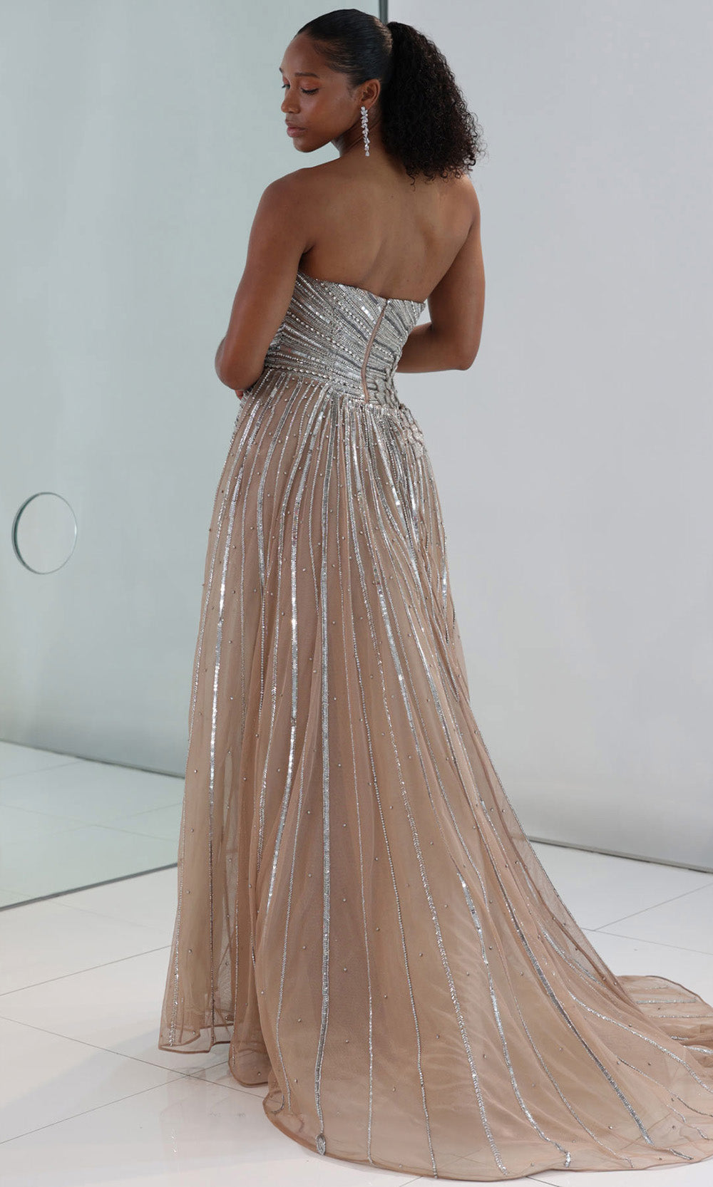 MNM COUTURE M1189 - Scoop Neck Detachable Overskirt Gown Pageant Dresses In Silver