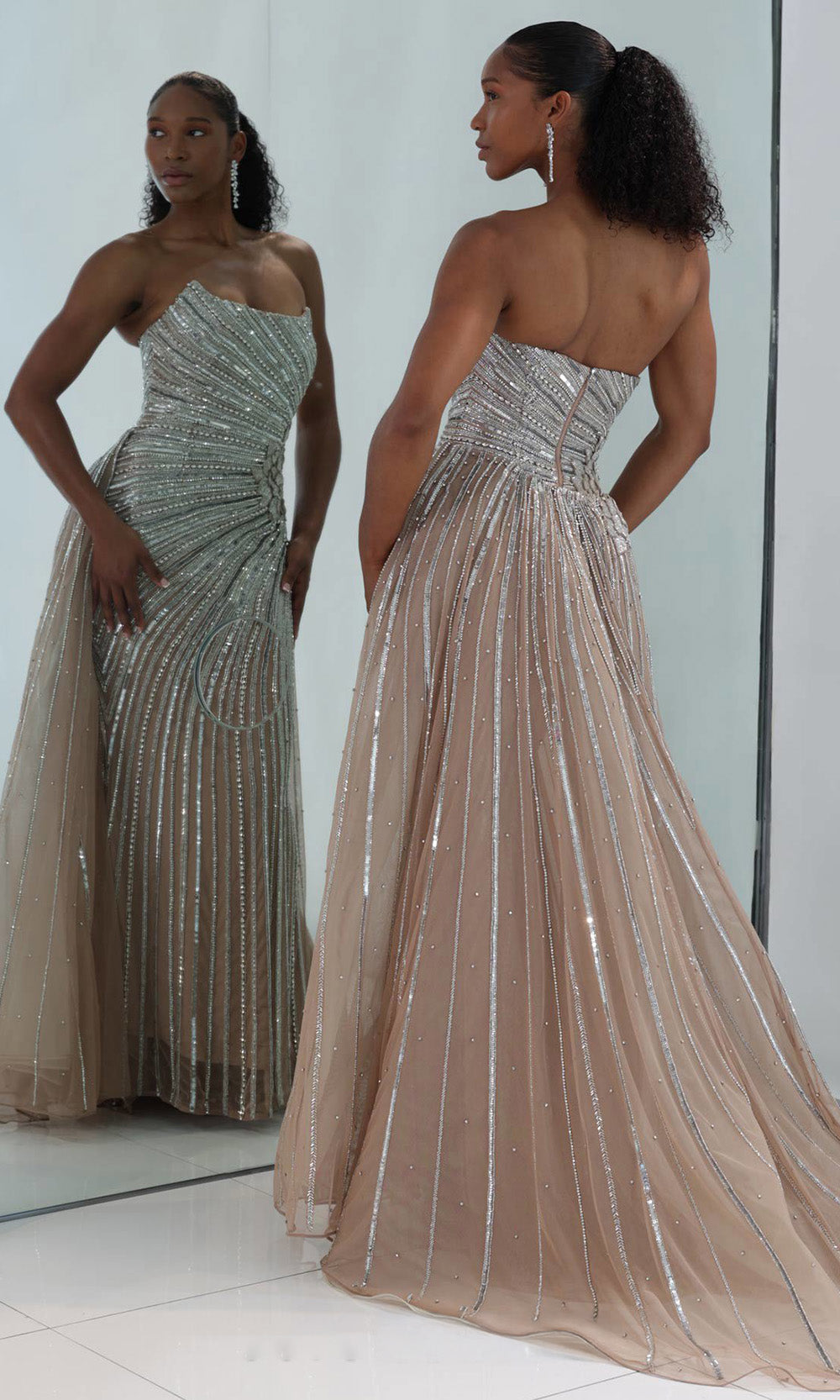 MNM COUTURE M1189 - Scoop Neck Detachable Overskirt Gown Pageant Dresses In Silver