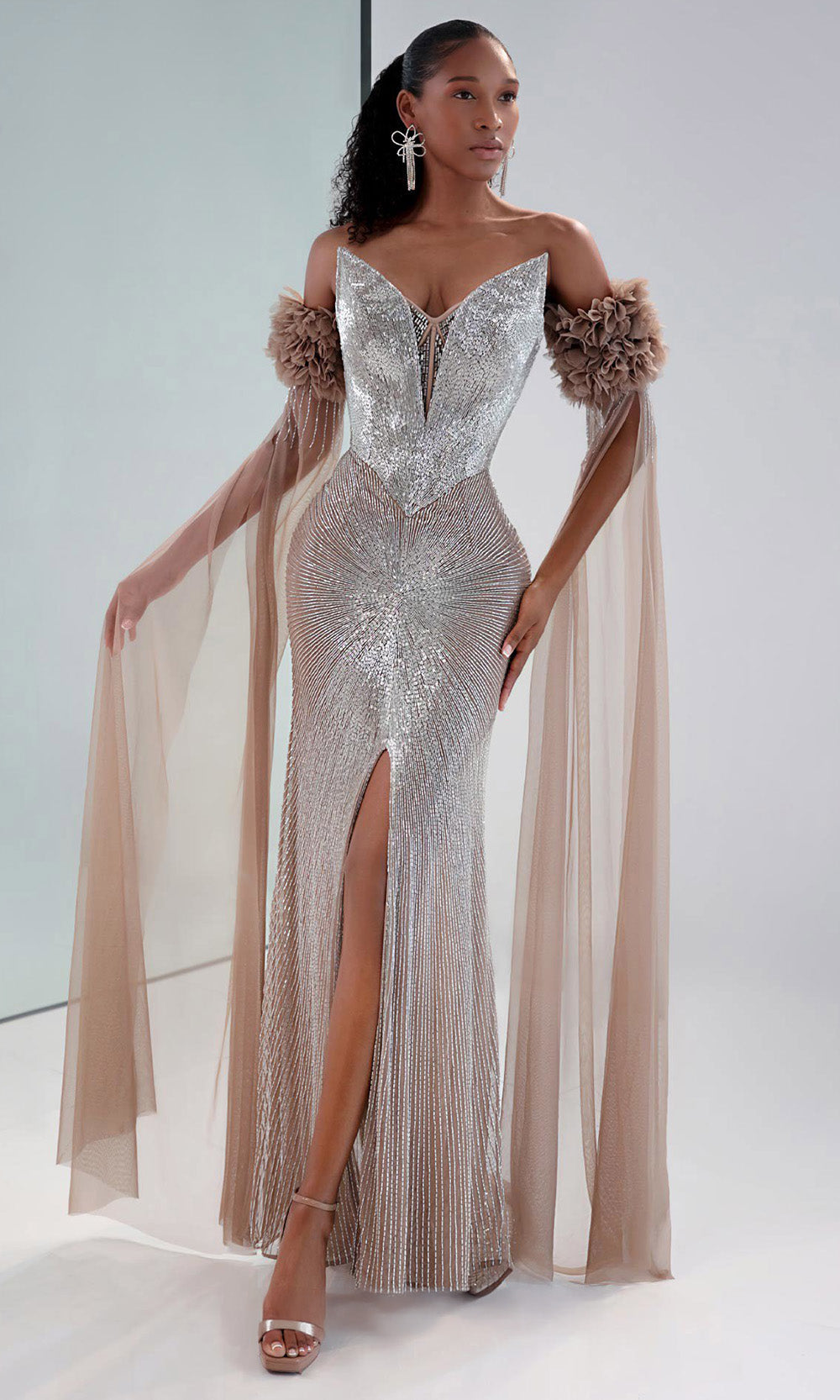 MNM COUTURE M1190 - Plunging Neck Dazzling Beaded Evening Dress Prom Dresses in Silver 