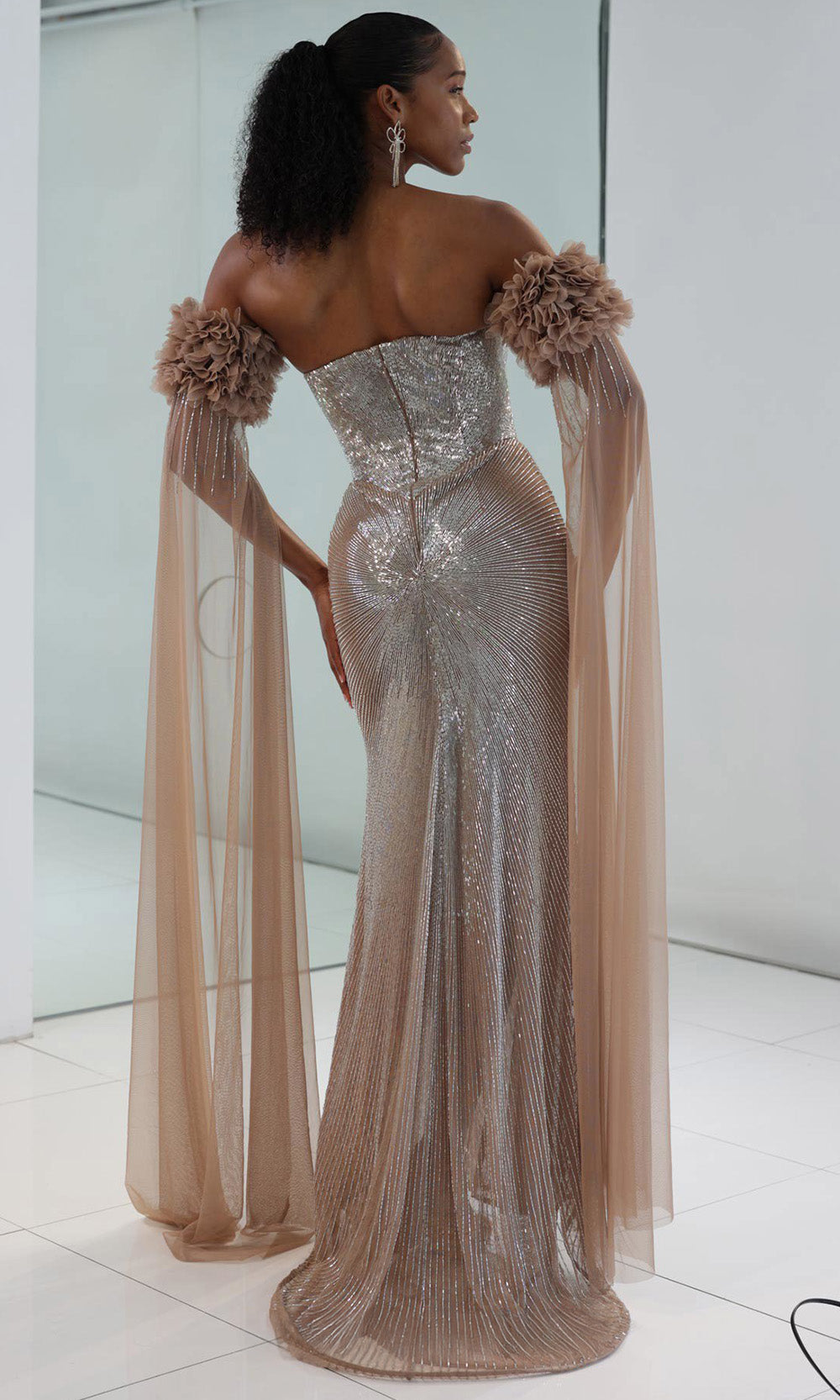 MNM COUTURE M1190 - Plunging Neck Dazzling Beaded Evening Dress Prom Dresses in Silver 