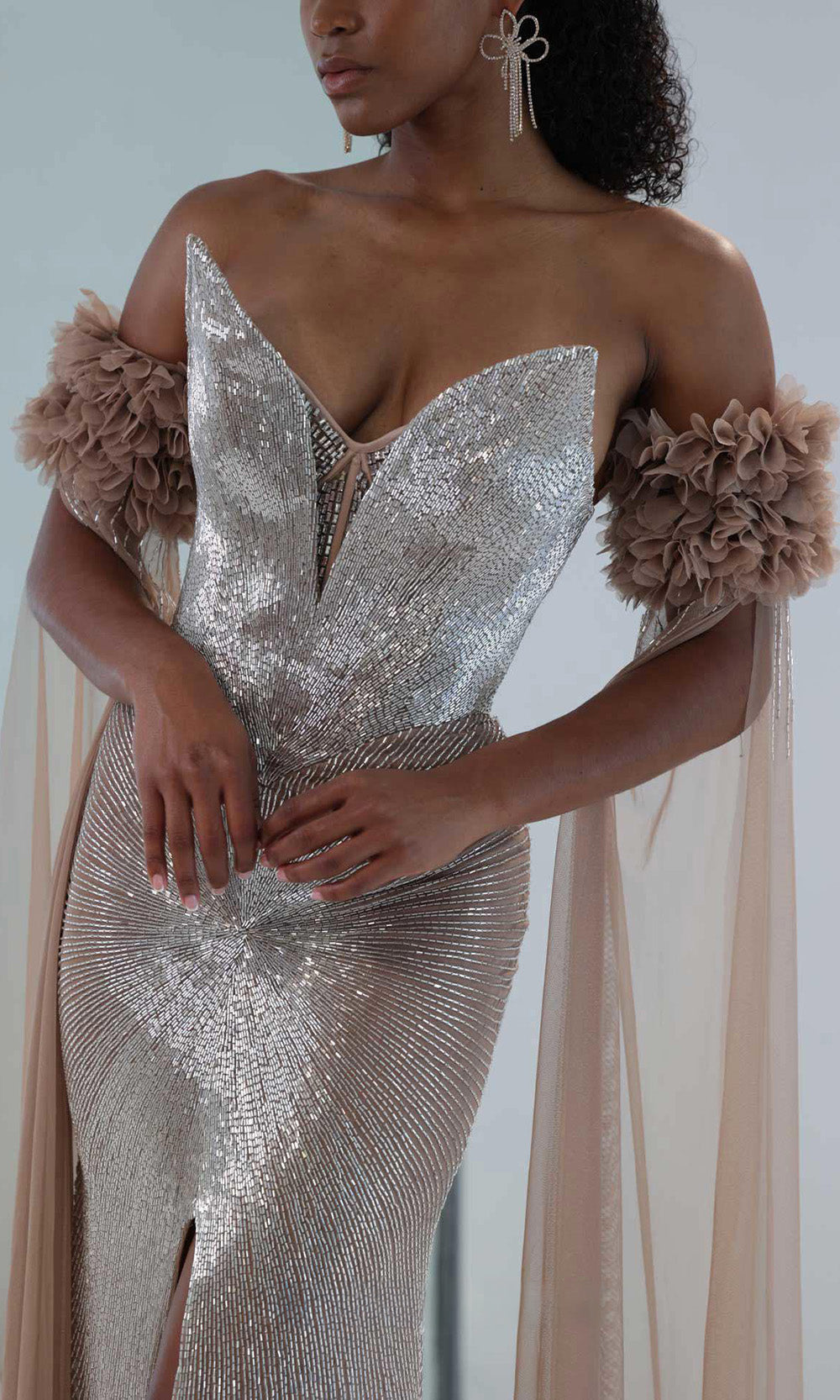 MNM COUTURE M1190 - Plunging Neck Dazzling Beaded Evening Dress Prom Dresses in Silver 