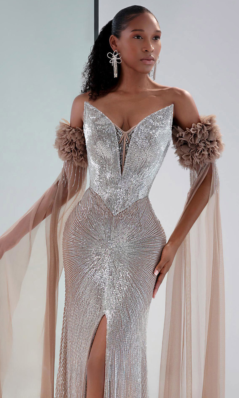 MNM COUTURE M1190 - Plunging Neck Dazzling Beaded Evening Dress Prom Dresses in Silver 