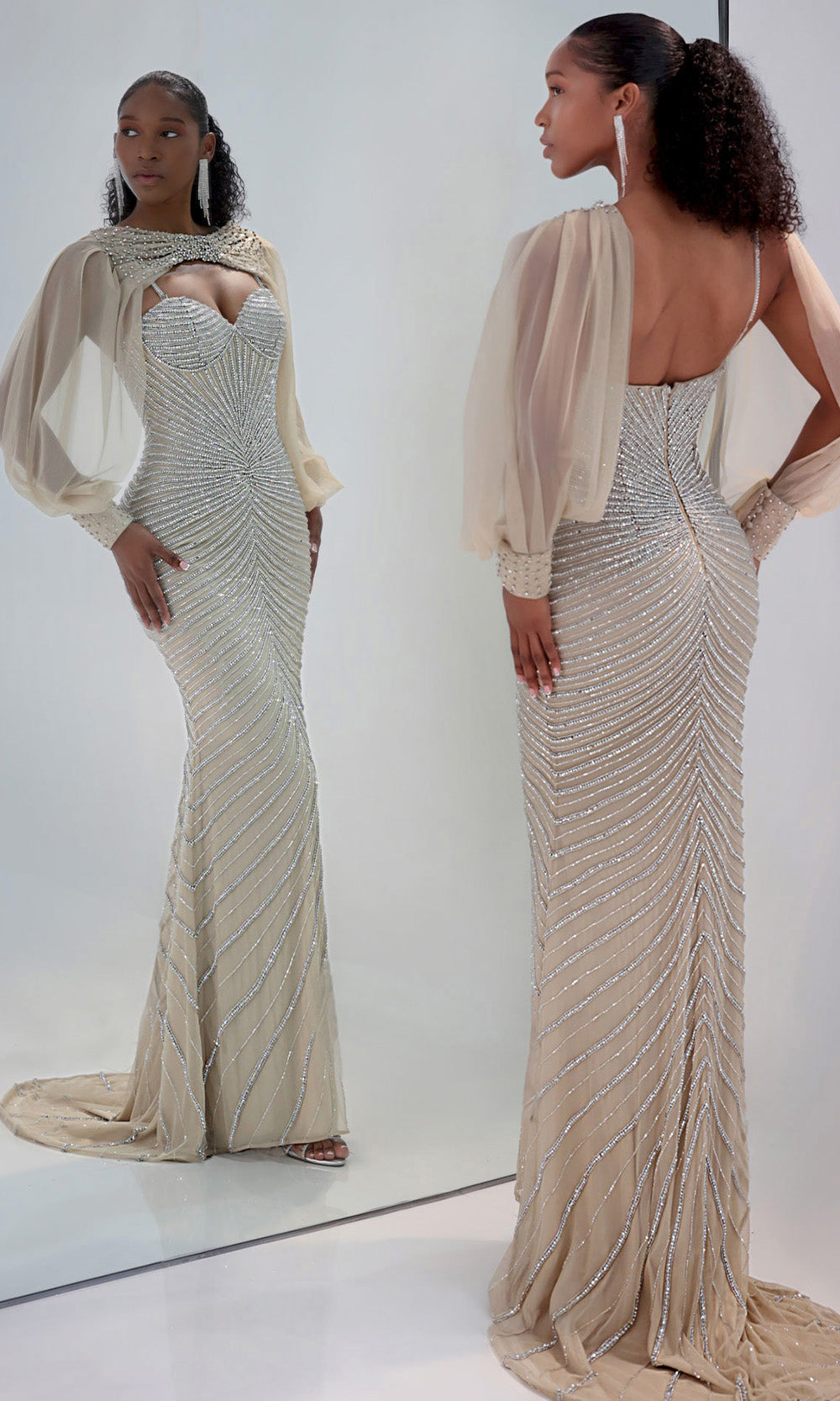 MNM COUTURE M1191 - Sweetheart Long Sleeve Beaded Dress Pageant Dresses in Silver 