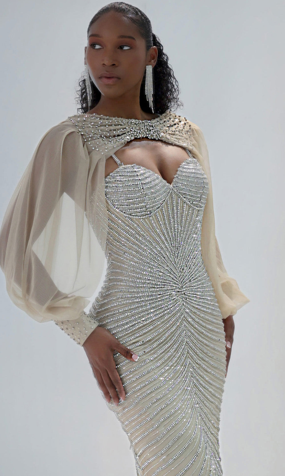 MNM COUTURE M1191 - Sweetheart Long Sleeve Beaded Dress Pageant Dresses in Silver 