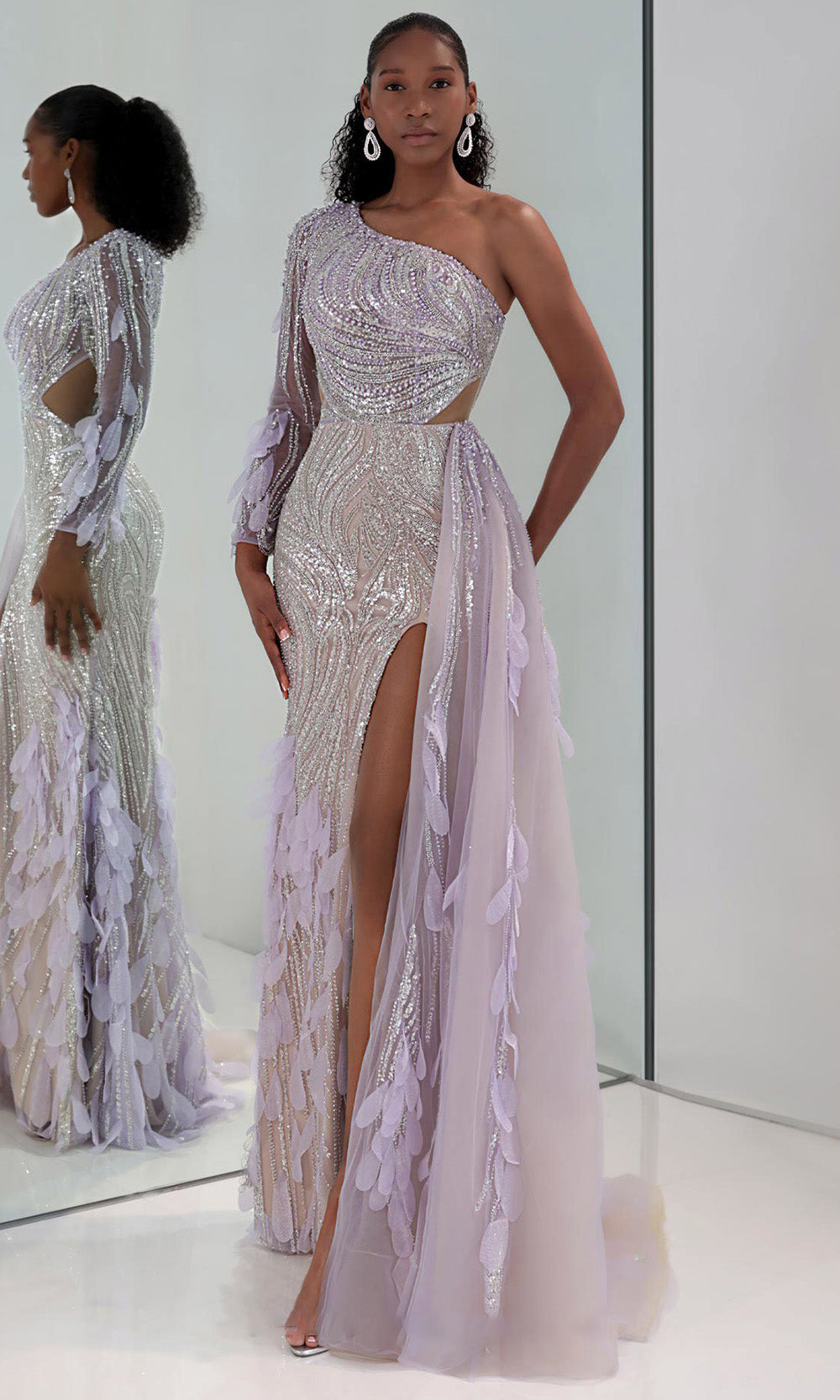 MNM COUTURE M1310 - Asymmetric Beaded Evening Gown with Overskirt Mother of the Bride Dresses in Lilac