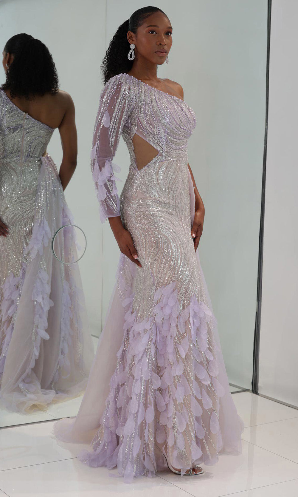MNM COUTURE M1310 - Asymmetric Beaded Evening Gown with Overskirt Mother of the Bride Dresses in Lilac