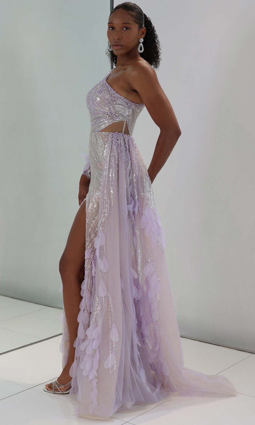 MNM COUTURE M1310 - Asymmetric Beaded Evening Gown with Overskirt Mother of the Bride Dresses in Lilac
