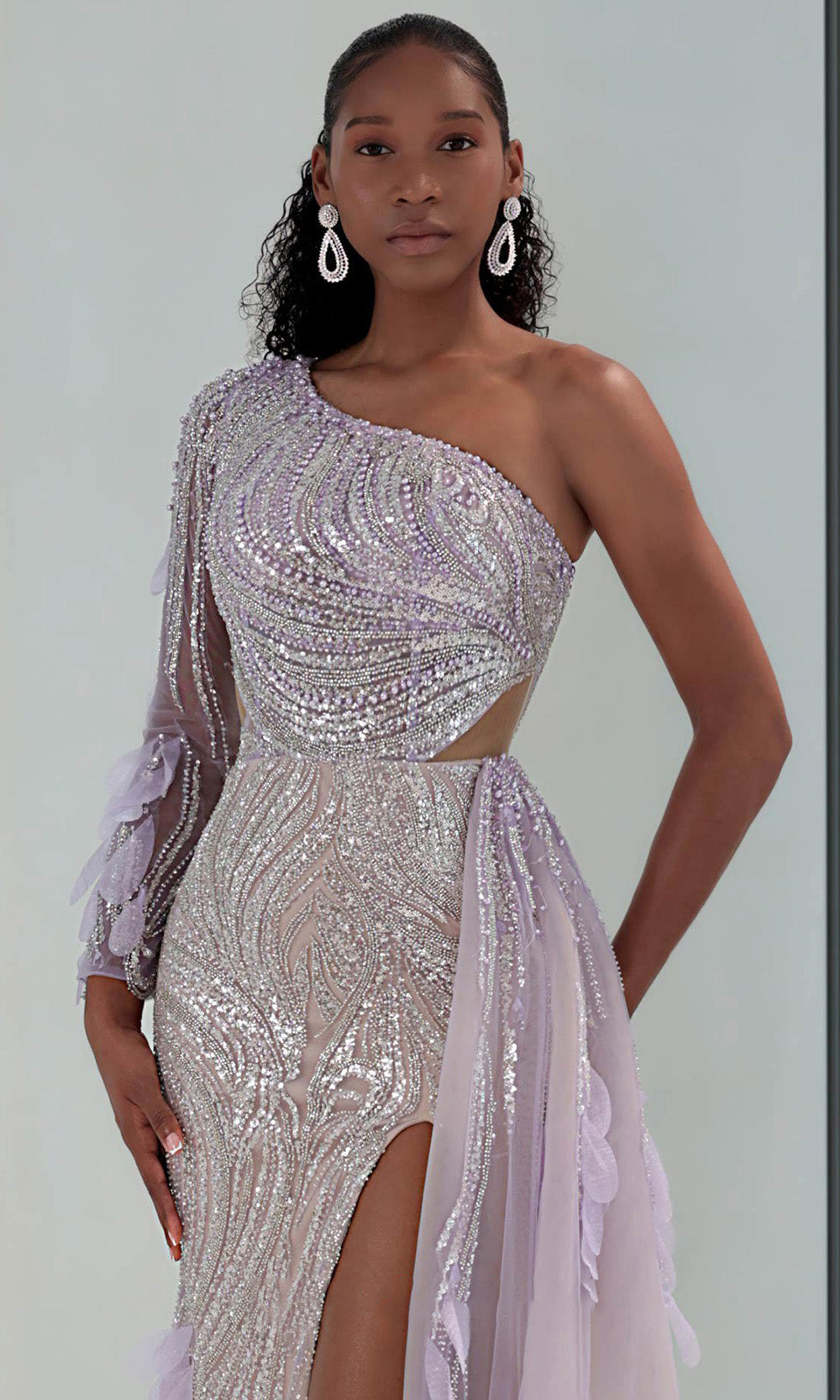 MNM COUTURE M1310 - Asymmetric Beaded Evening Gown with Overskirt Mother of the Bride Dresses in Lilac