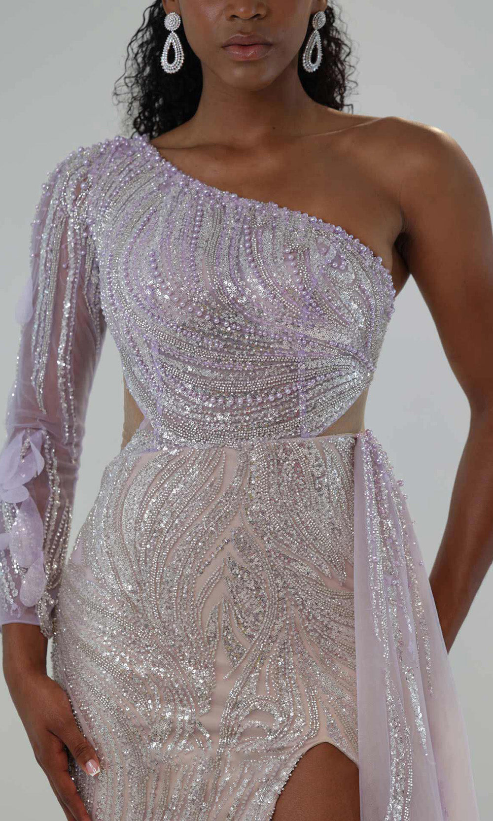 MNM COUTURE M1310 - Asymmetric Beaded Evening Gown with Overskirt Mother of the Bride Dresses in Lilac