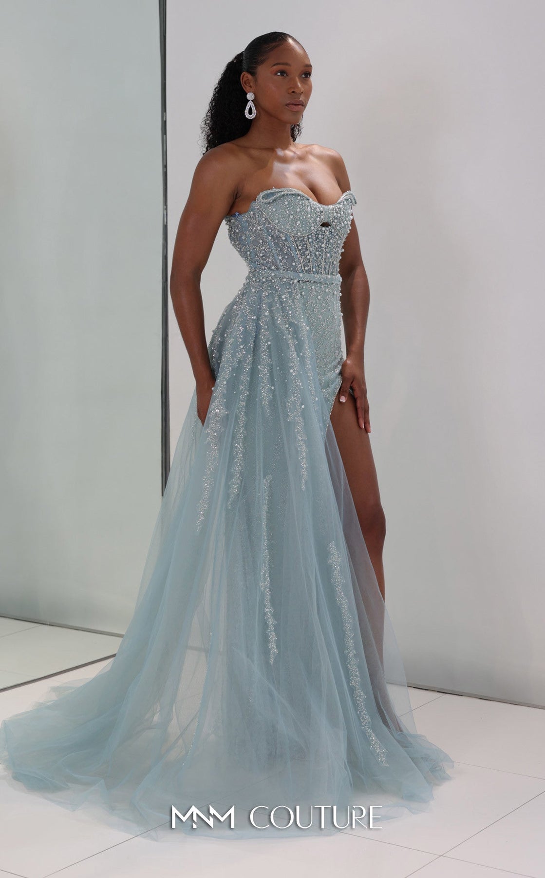 MNM COUTURE M1311 - Strapless High Slit Gown with Beading Prom Dresses in Blue