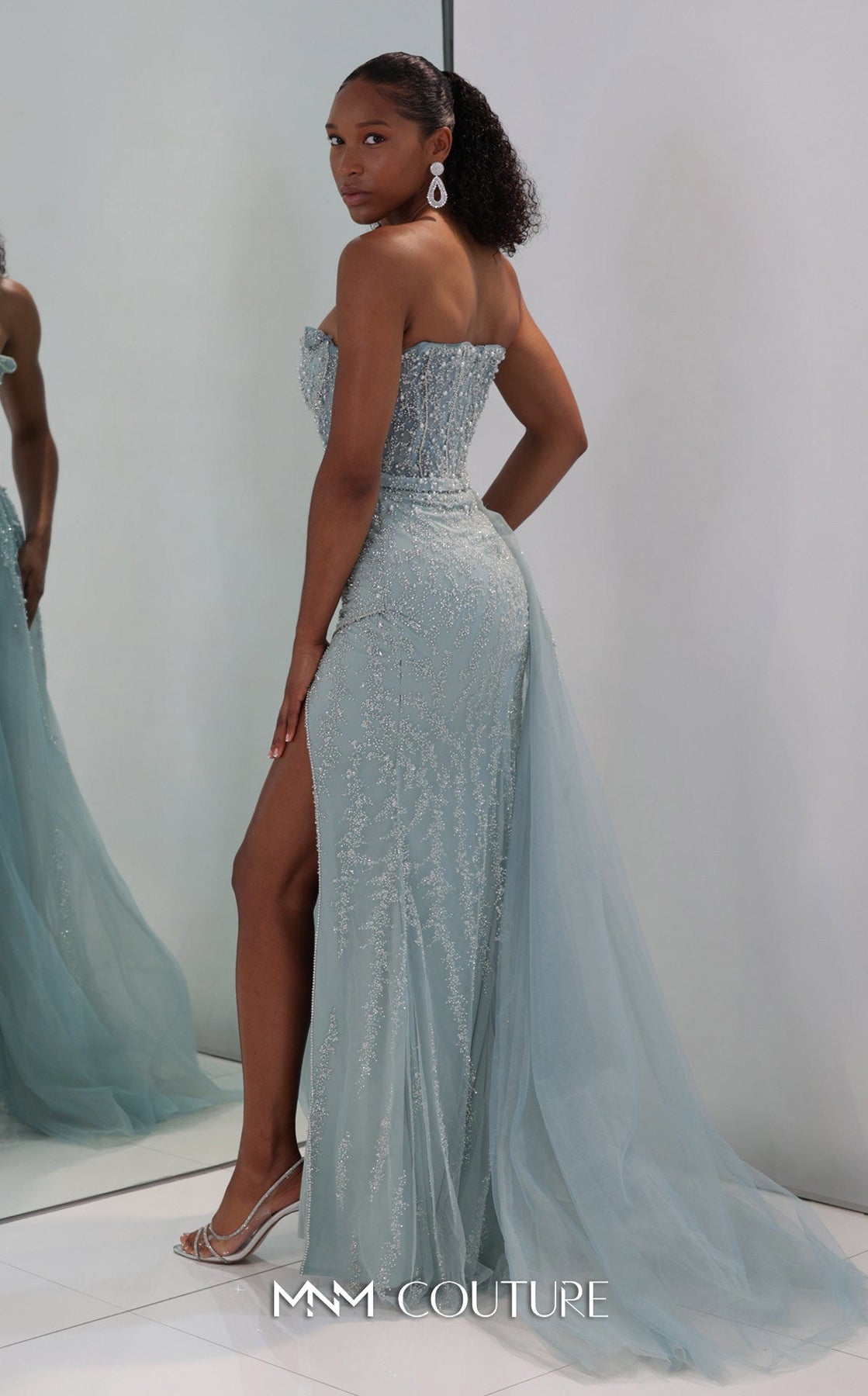 MNM COUTURE M1311 - Strapless High Slit Gown with Beading Prom Dresses in Blue
