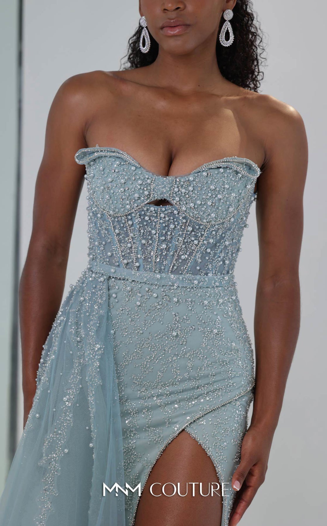 MNM COUTURE M1311 - Strapless High Slit Gown with Beading Prom Dresses in Blue
