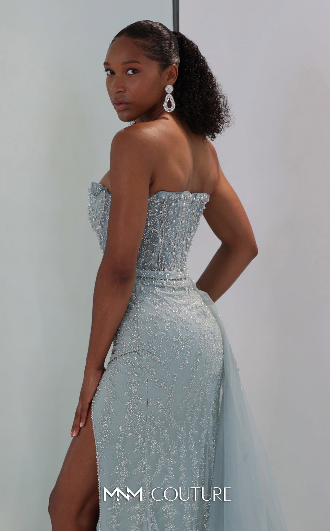 MNM COUTURE M1311 - Strapless High Slit Gown with Beading Prom Dresses in Blue