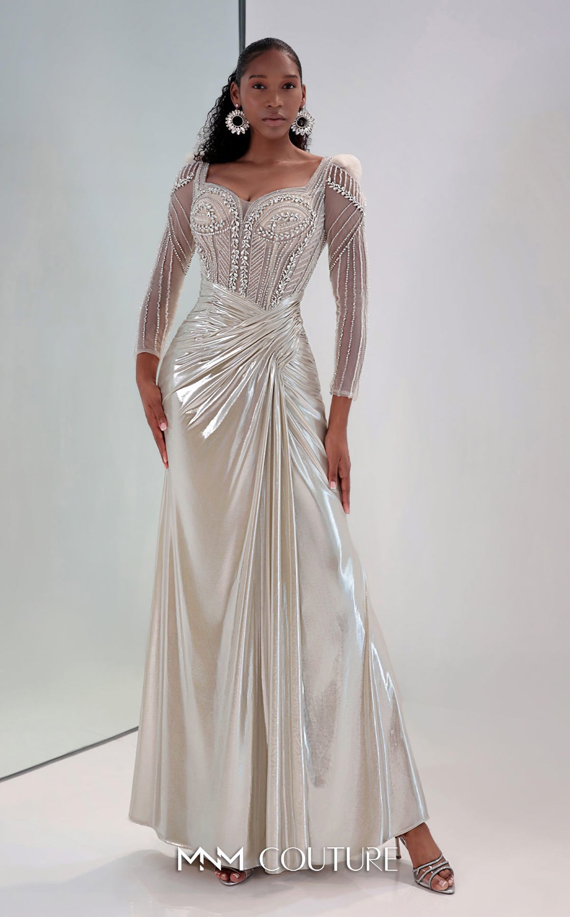MNM COUTURE M1312 - Illusion Puff Sleeve Ruched Long Gown