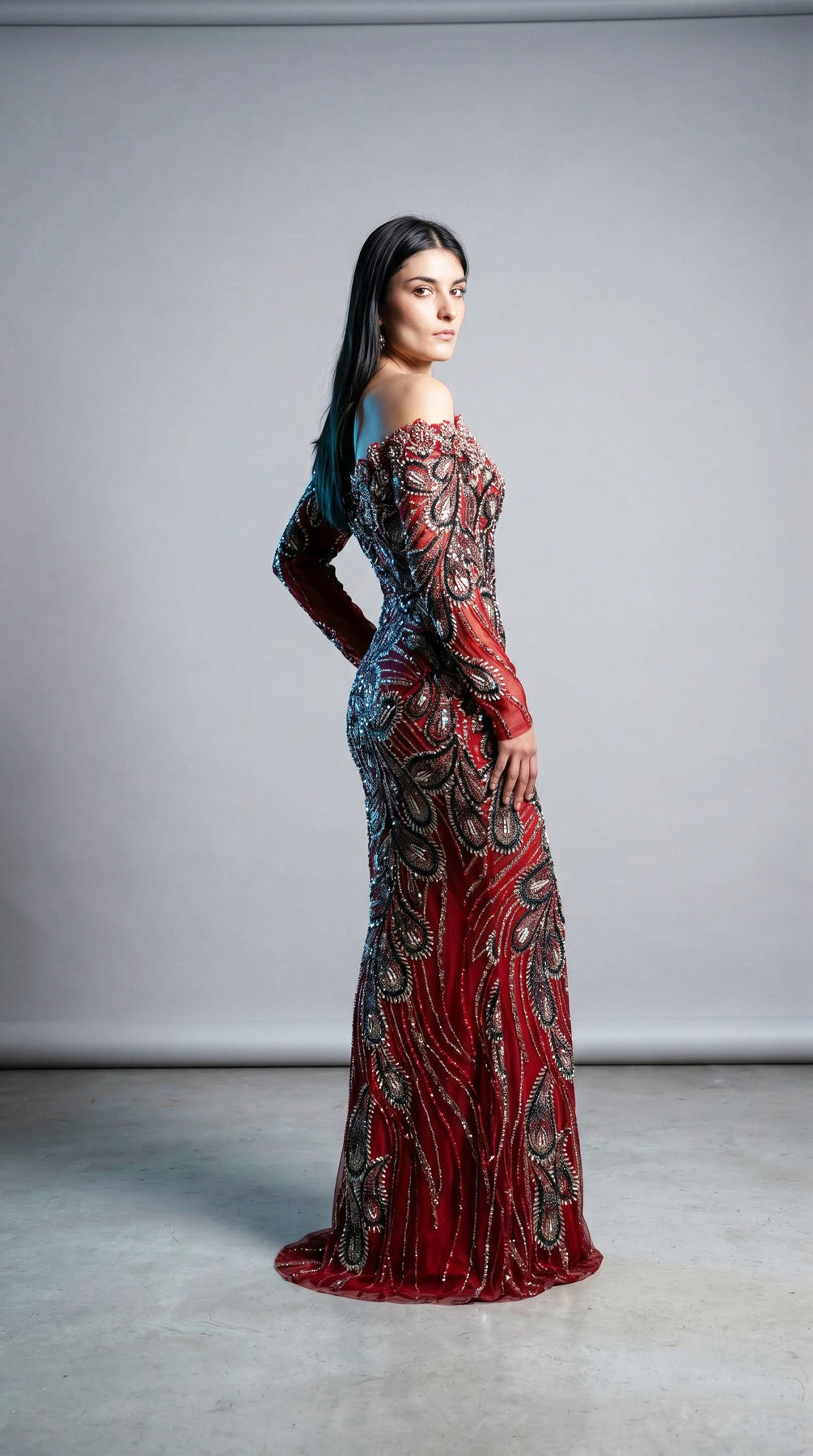 MNM COUTURE M1316 - Long Sleeve Off Shoulder Evening Gown