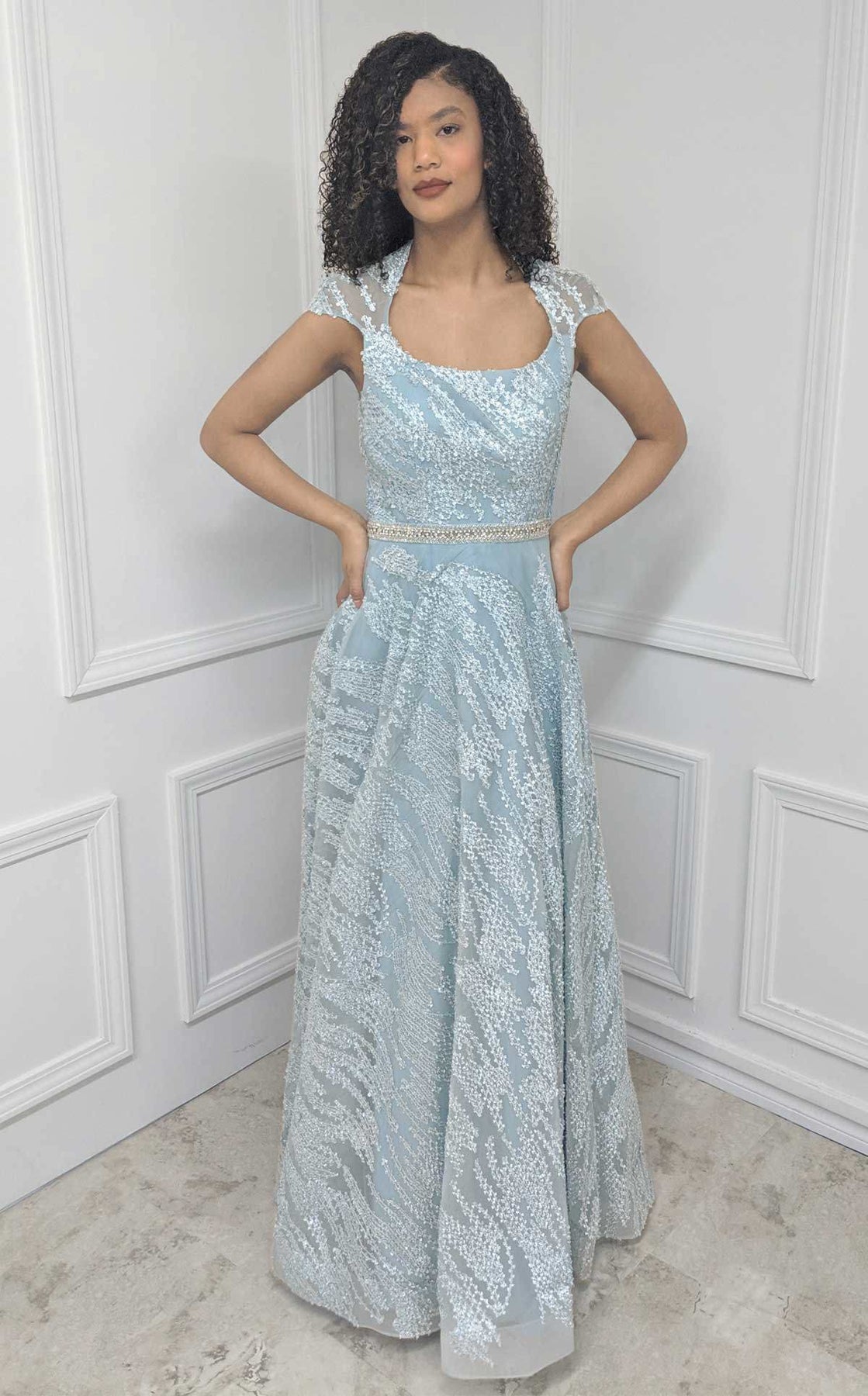 MNM Couture M1807 - Sparkly Queen Anne Neckline Evening Gown