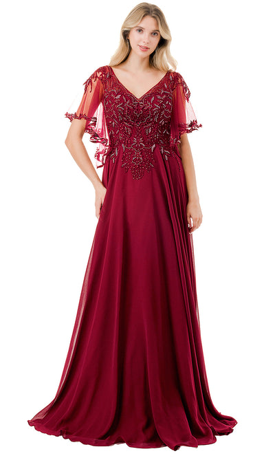Aspeed Design M2911F - Sheer Flutter Sleeve Evening Gown Special Occasion Dress XXS / Burgundy