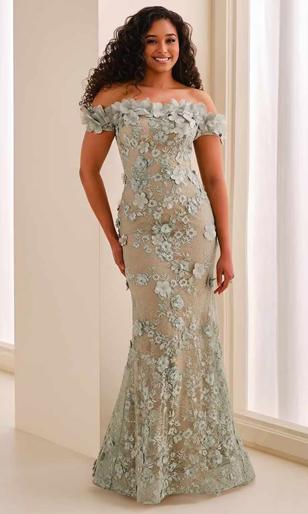 Montage by Mon Cheri M3215 - Floral Straight Across Mermaid Dress Evening Dresses in Green and Neutral