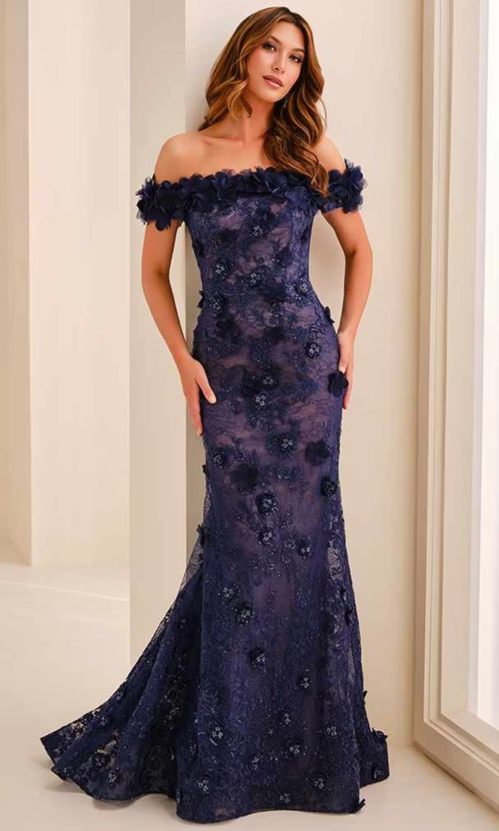 Montage by Mon Cheri M3215 - Floral Straight Across Mermaid Dress Evening Dresses in Blue and Neutral