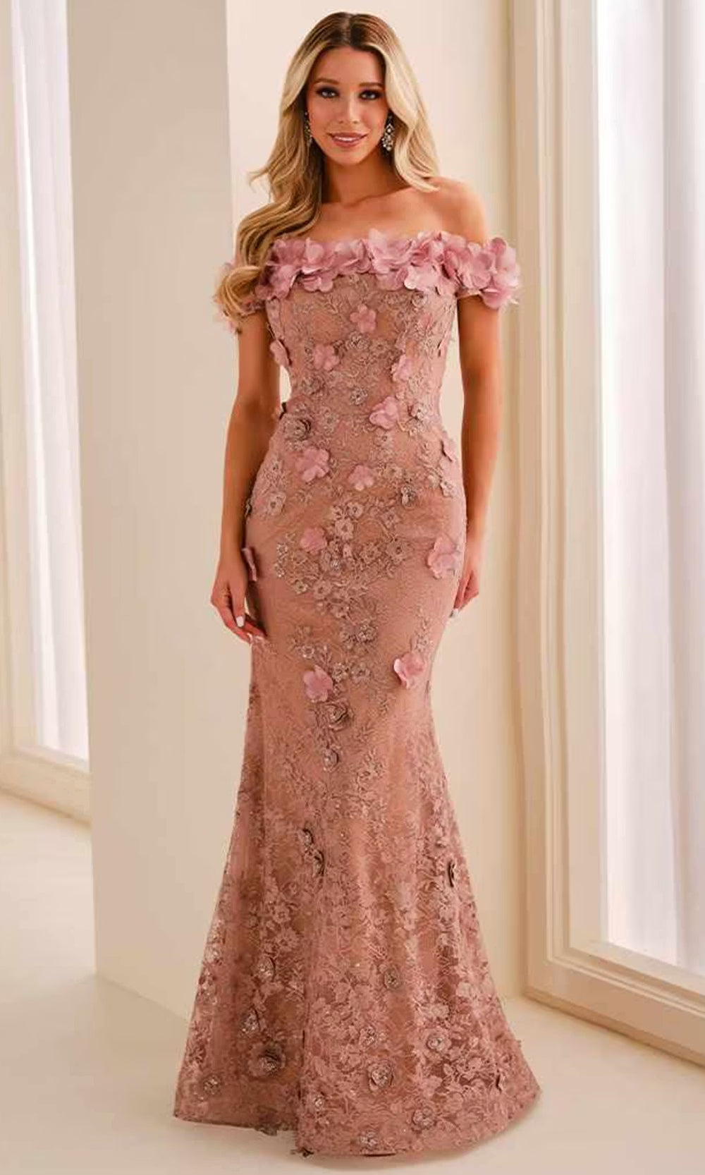 Montage by Mon Cheri M3215 - Floral Straight Across Mermaid Dress Evening Dresses in Pink and Neutral